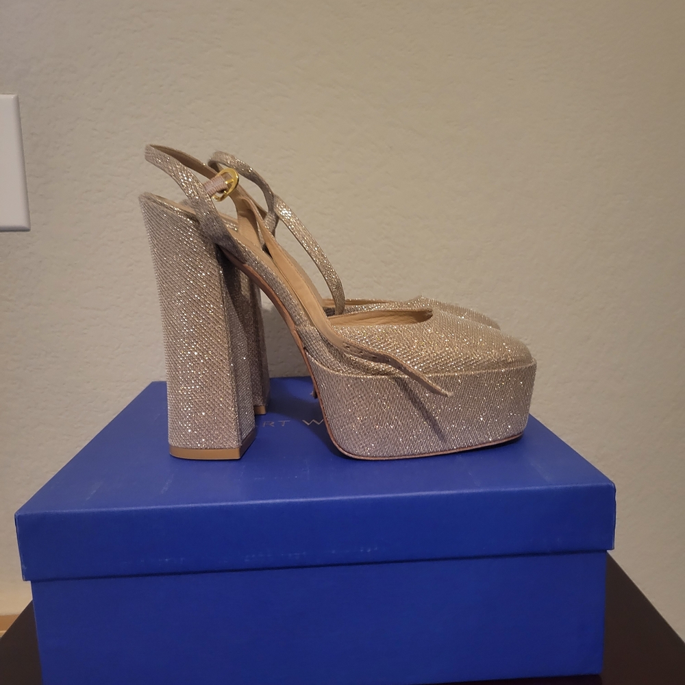 Stuart Weitzman Gold Glitter Platform Slingback H… - image 1